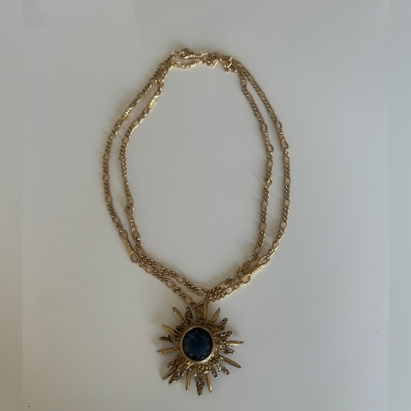 VINTAGE ACCESSOCRAFT NYC PENDANT BLUE GLASS STARBURST NECKLACE MIDCENTURY MINT - Picture 6 of 9